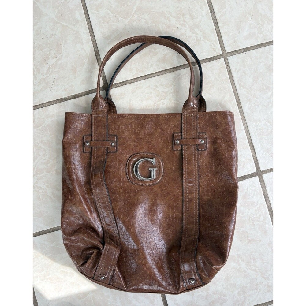 Vintage GUESS Brown Faux Leather Tote Bag Monogram Embossed Silver G Logo Y2K